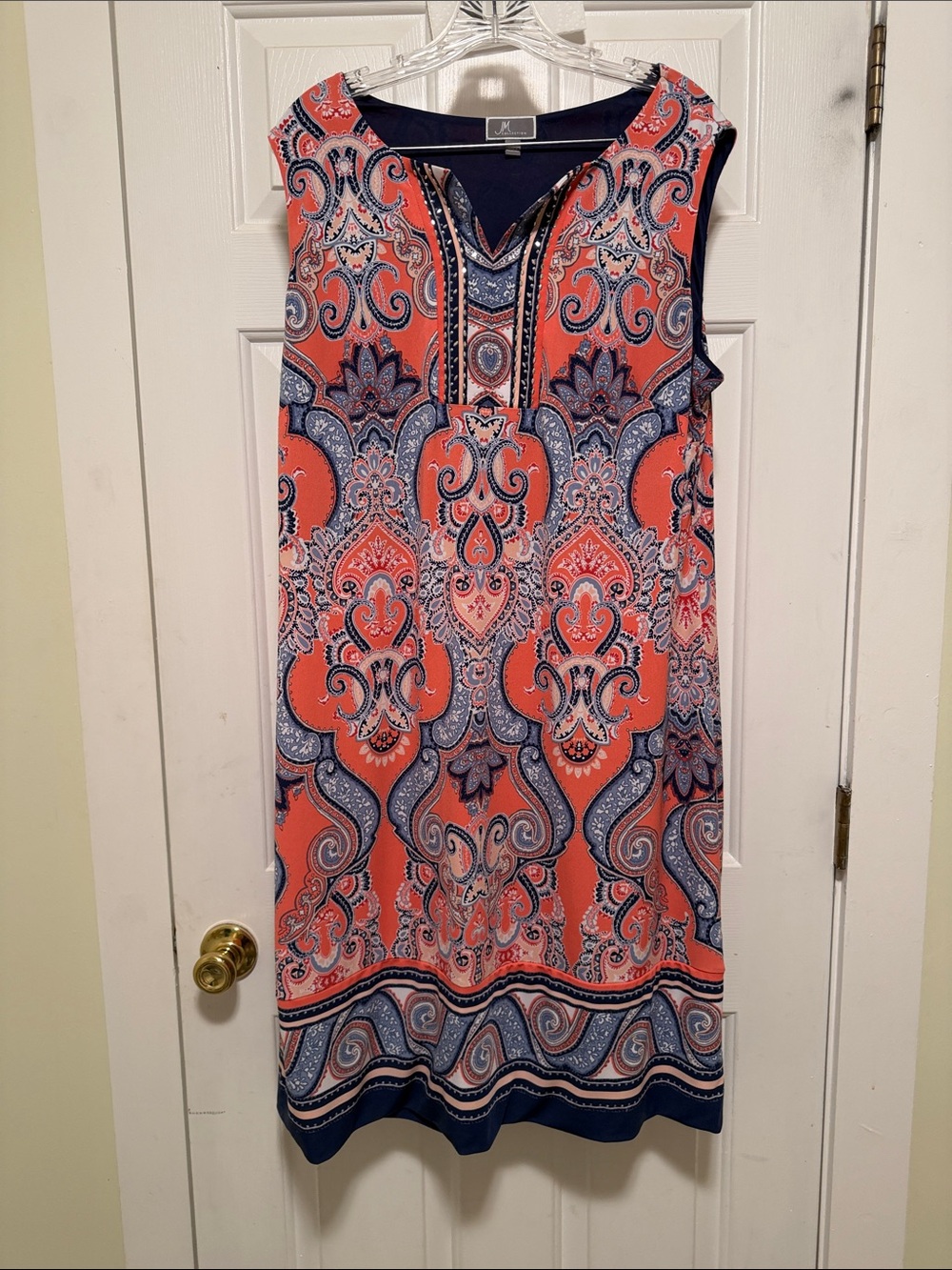 JM Collection Coral and Navy Paisley Sleeveless Shift Dress